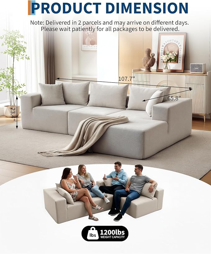Corduroy Modular L Shape Sofa, Cloud Feel Compressed Sectional Couch - Image 4