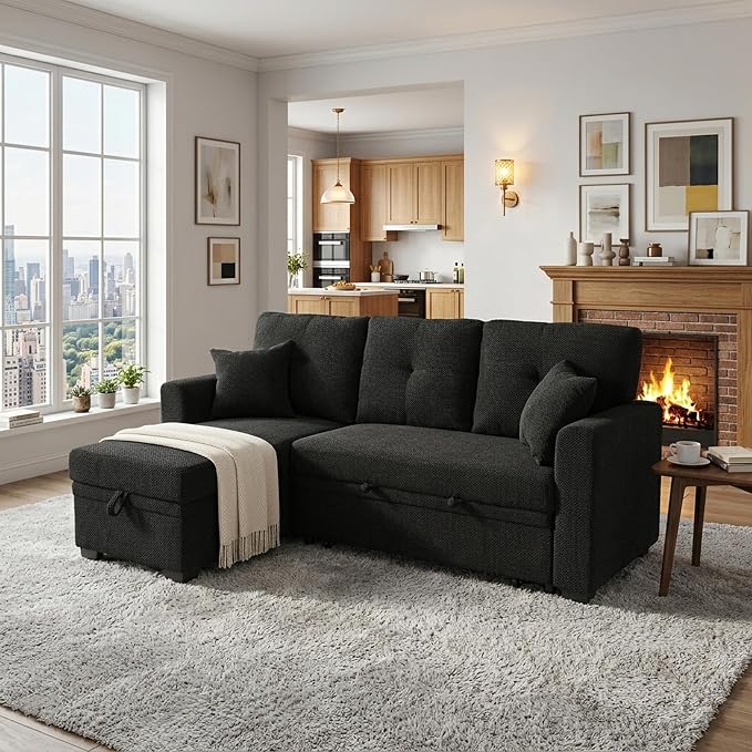 L Shaped Sectional Couch with Storage and Pull Out Bed, 3 Seater Sleeper Sofas - Image 2