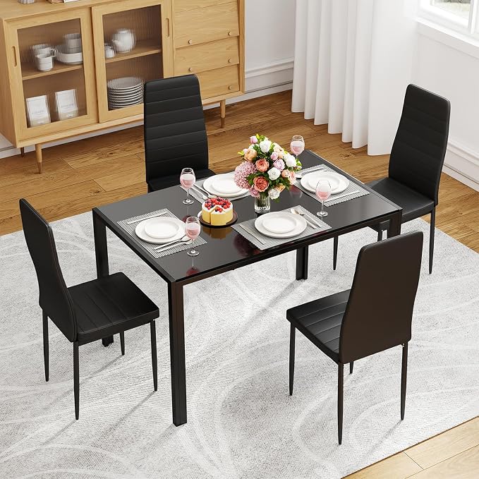 FDW | Dining Table Set for 4 | 5-Piece Glass Black Dining Table | Kitchen Table - Image 2