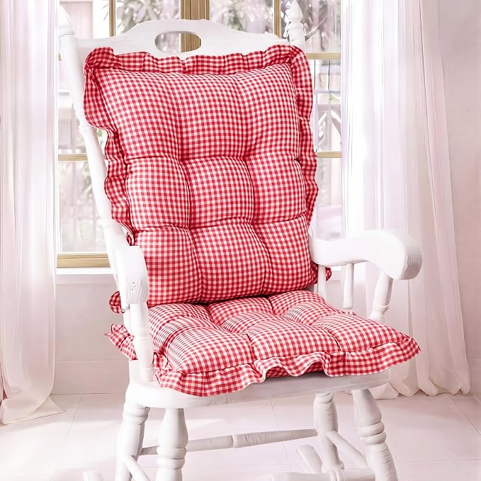Lewtemi 2 Set Red Gingham Rocking Chair Cushion Village Ruffled Rocking Chair by Lewtemi