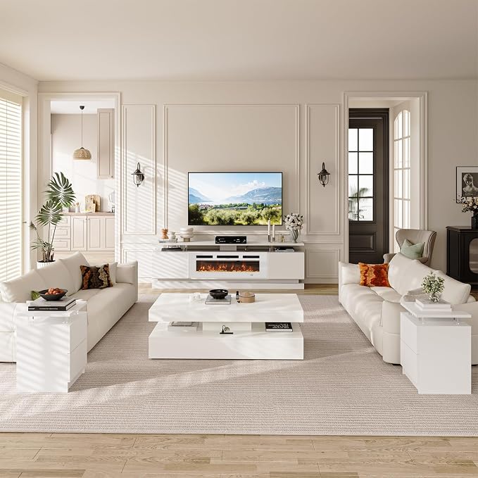 4-Piece Modern Living Room Table Set, Includes High Gloss 70" Fireplace TV Stand - Image 6