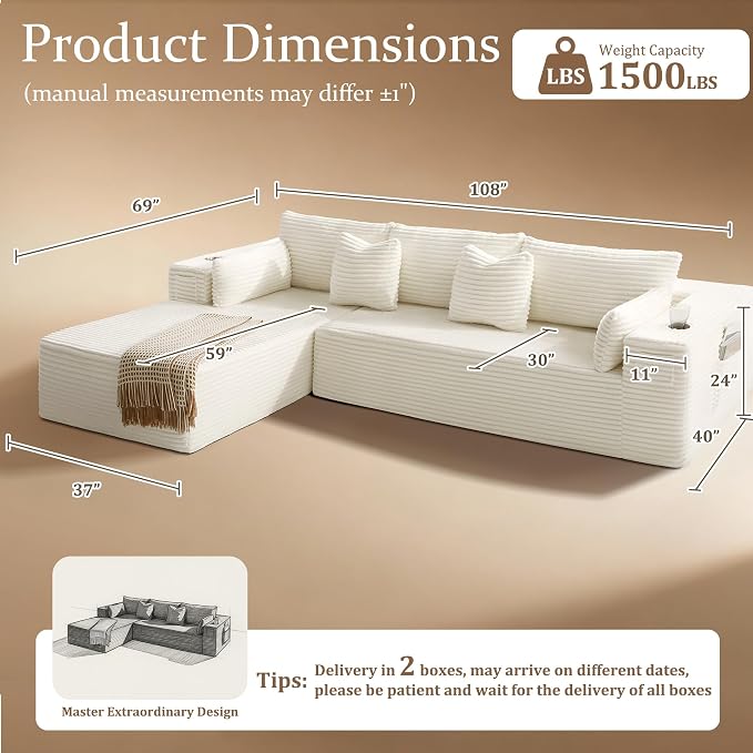 108" Cloud Sectional Couch, Comfort L Shaped Boneless Couch - Image 2
