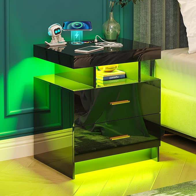 WOOVIVS Night Stand with Light, High Gloss Nightstand with USB/Wireless - Image 9
