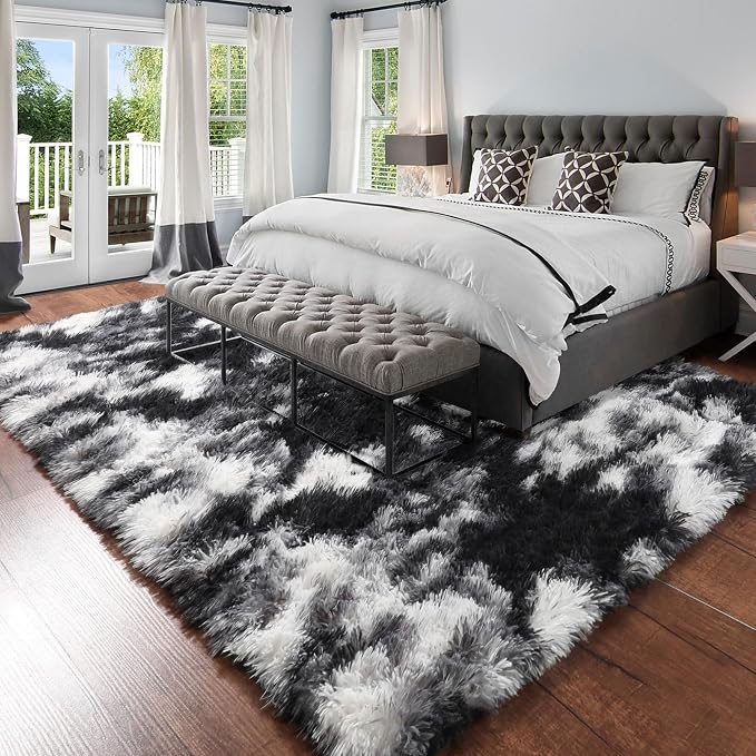 Amdrebio Black White Grey Large Fluffy Rug 6x9 - Image 3