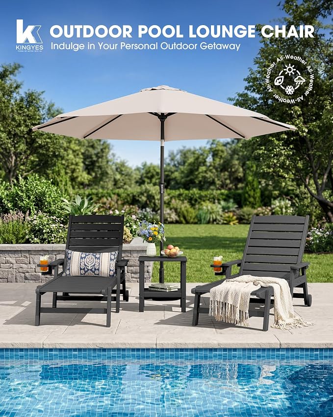KINGYES HDPE Lounge Chair Outdoor Set of 2, Patio Chaise Lounge Recliner - Image 6
