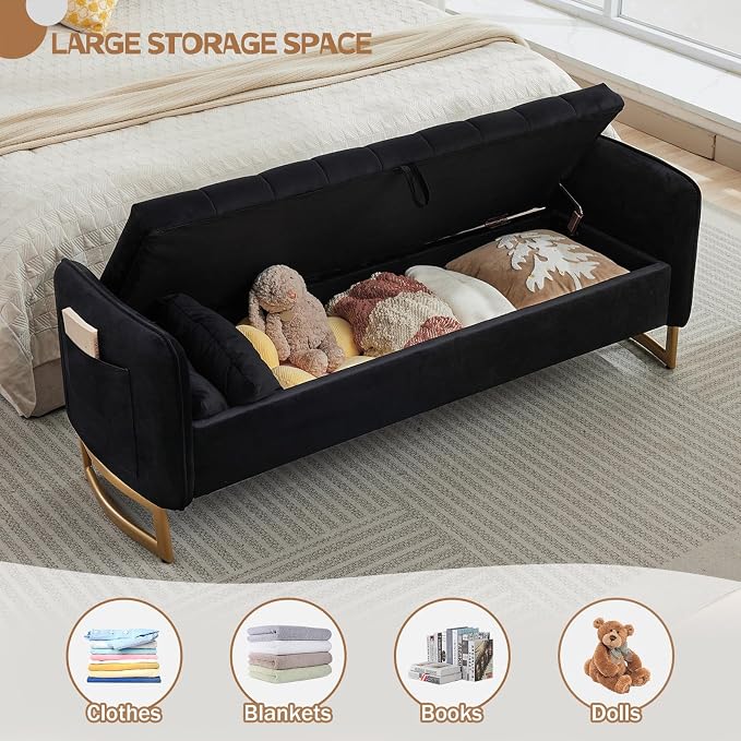 66" End of Bed Storage Bench King Size, Velvet Storage Benches - Image 3
