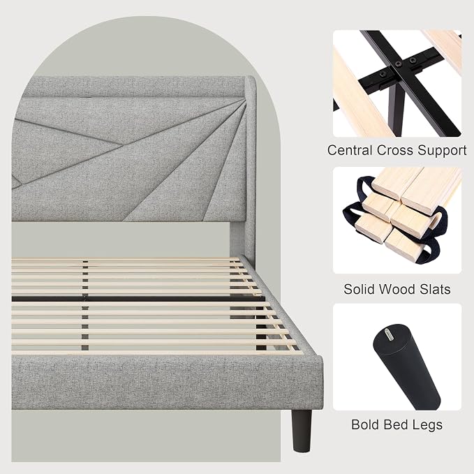 Feonase Full Bed Frame with Charging Station, Linen Upholstered Platform - Image 7