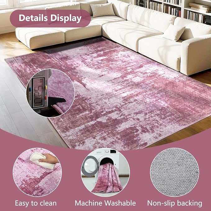 Entryway Rug 3x5 Pink Bedroom Area Rug Washable Non Slip Abstract Boho Rugs - Image 7