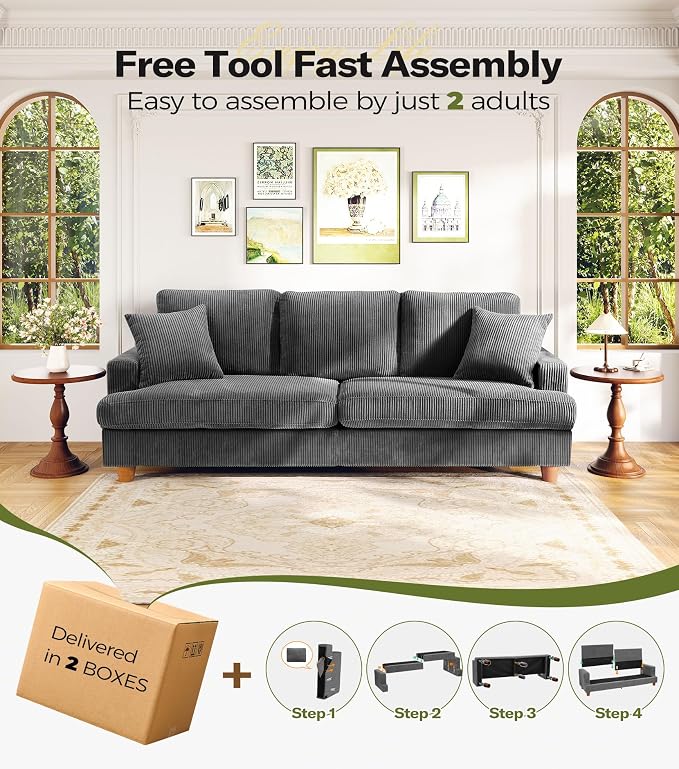 Kidirect 87in Corduroy Couch, Sofa No Tool Assembly, Comfy Couches - Image 6