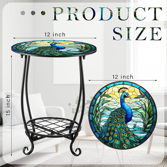 Cinnvoice Outdoor Side Table Round Small Mosaic Patio Accent Indoor End Plant - Image 3