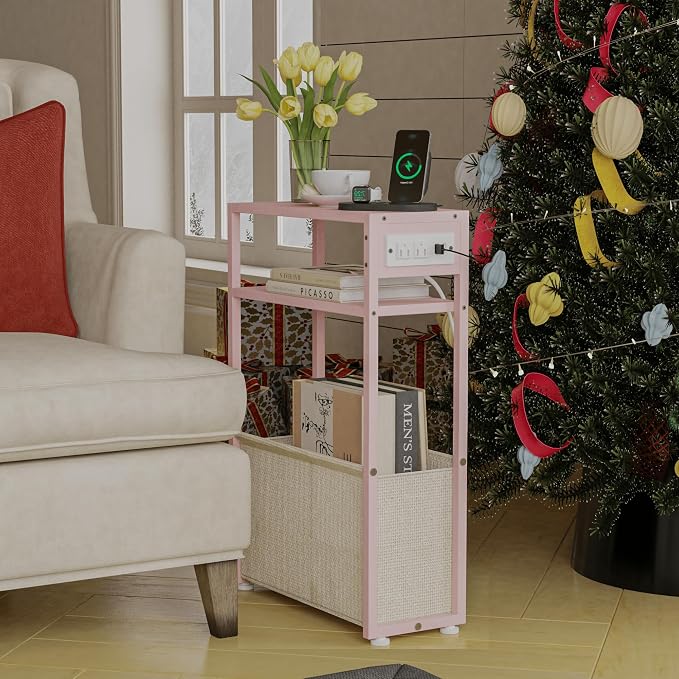 Leomonio Pink Side Table with Charging Station, Slim End Tables with Linen - Image 7
