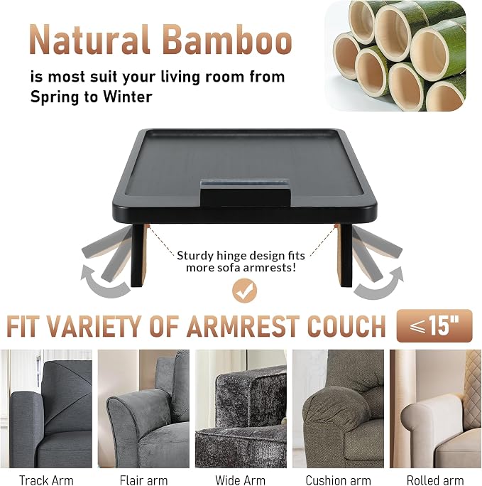SINWANT Couch Armrest Table, Large Bamboo Couch Arm Table 360° Phone Holder - Image 3