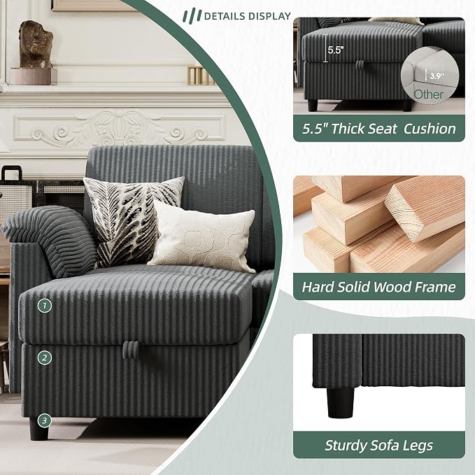 Vongrasig Convertible Sectional Sofa Couch, 3 Seat L Shaped Sofa - Image 3