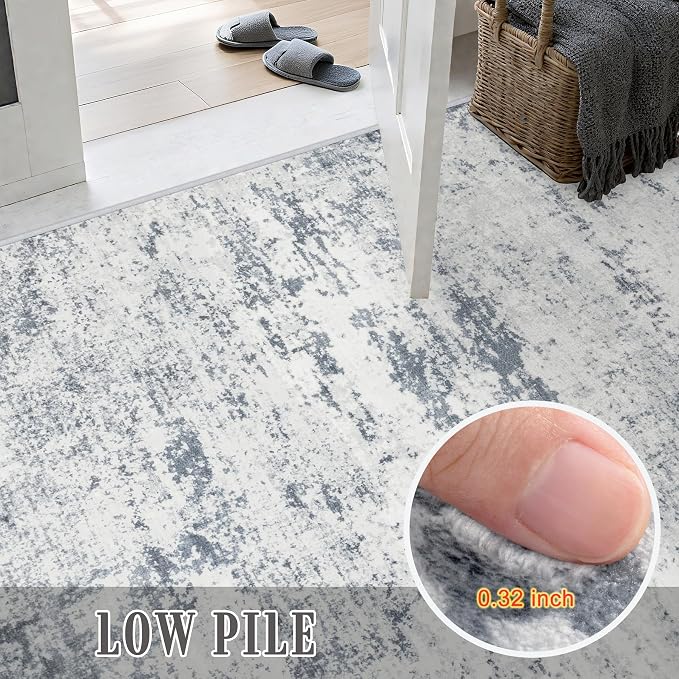 3x14 Washable Runner Rug：Modern Abstract Soft Carpet Blue Grey | - Image 7