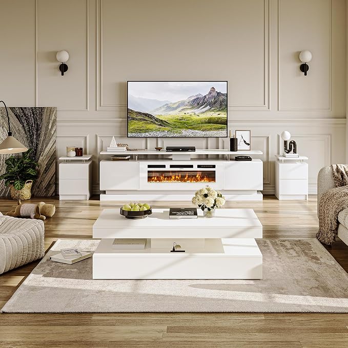 3-Piece Modern Living Room Table Set, Includes High Gloss 70" Fireplace TV - Image 3