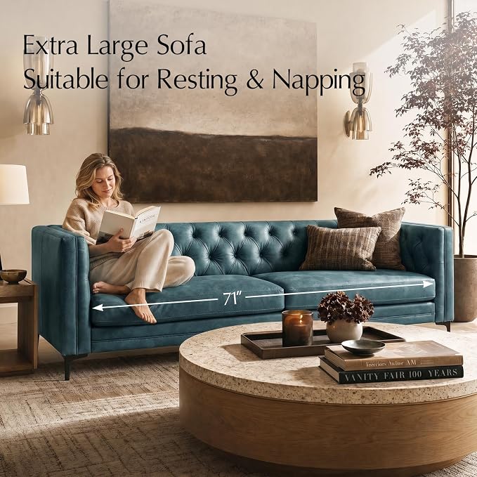 HULALA HOME 84" W Faux Leather Sofa, Mid Century Modern Couch - Image 3