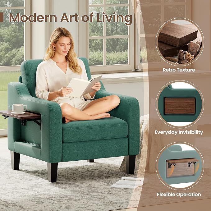 Accent Chair for Living Room Modern Linen Upholstered Armchair Side Wooden - Image 3
