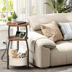 Side Table with Charging Station, Small Round End Table with Basket, USB Port - Image 2
