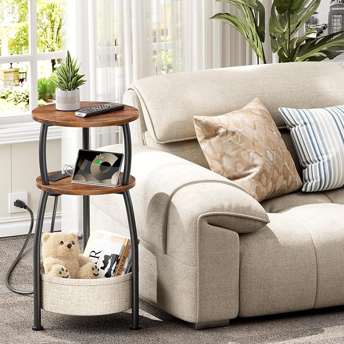 Side Table with Charging Station, Small Round End Table with Basket, USB Port - Image 2