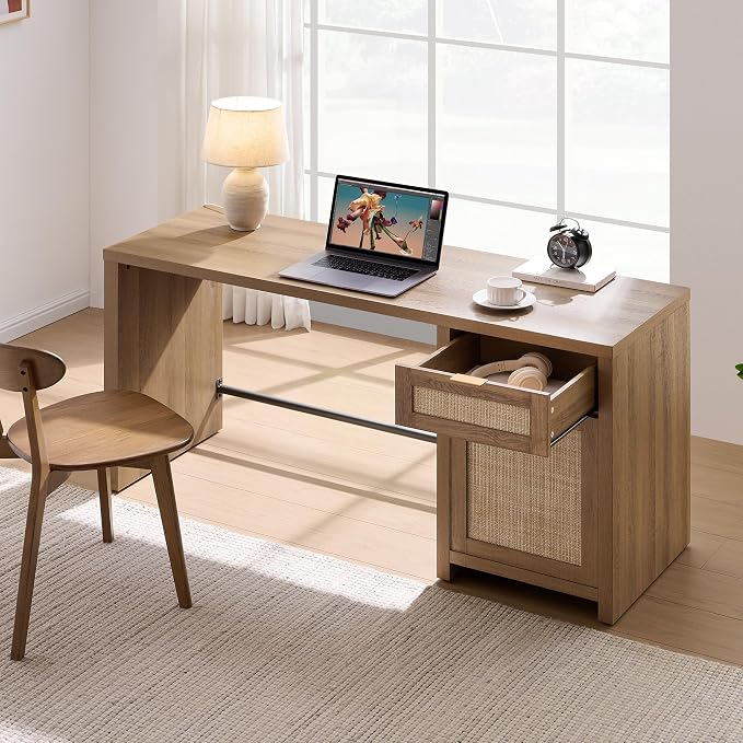 SICOTAS Rattan Home Office Desk, 2 Pieces Farmhouse Boho Executive Desk - Image 6