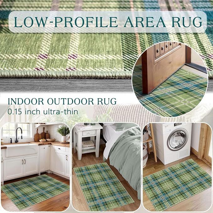 Front Door Mat Outside Entrance, 2x3 Green Teal Tartan Plaid Rug | Non-Slip - Image 7