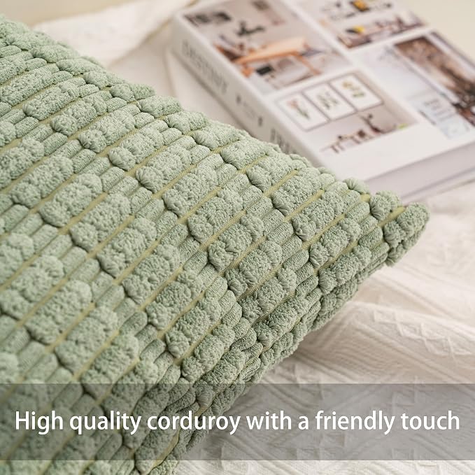 Pack of 2 Corduroy Decorative Throw Pillow Covers 24x24 Inch, Sage Green | Fall - Image 2