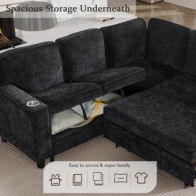 L-Shaped Sectional Couch with Storage and Pull Out Bed, Convertible Sofa Bed - Image 5