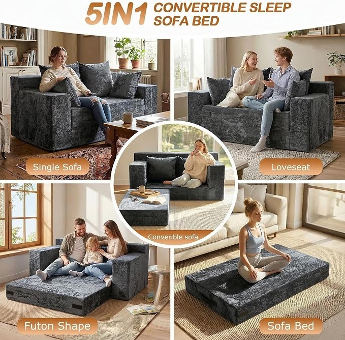 Loveseat Sofa Bed, Convertible Silky Velvet 5-in-1 Foldable Boneless Sleeper - Image 3