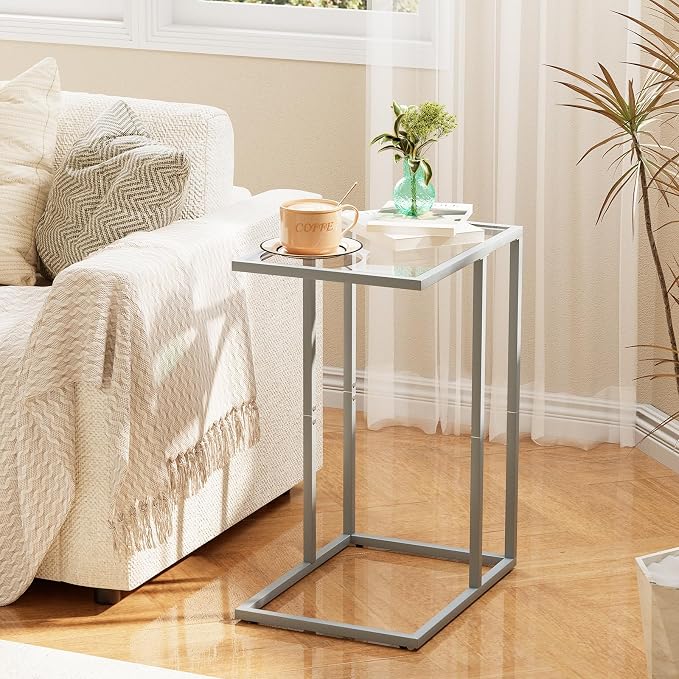 End Table, C Shaped Side Table for Sofa, Glass Couch Tray Snack Dinner Table - Image 2