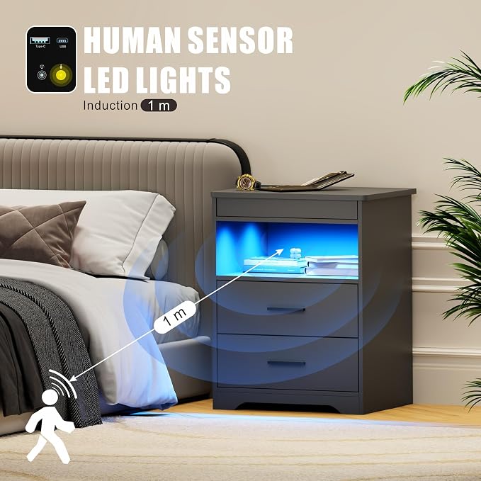 LED Night Stand with Gun Drawer, Bedside Table with Charger Station & Human - Image 4
