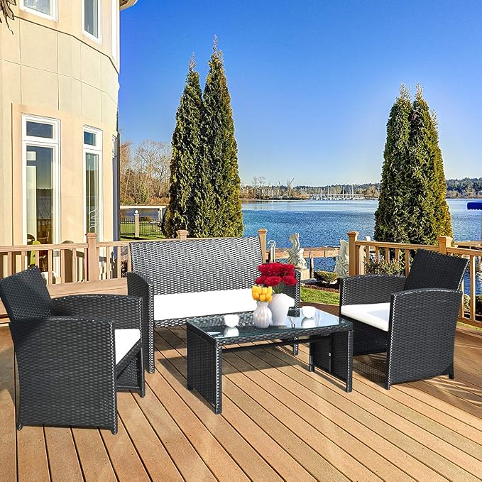 Tangkula Patio Wicker Conversation Furniture Set, Patiojoy Sofa & Table Set w/4 - Image 4