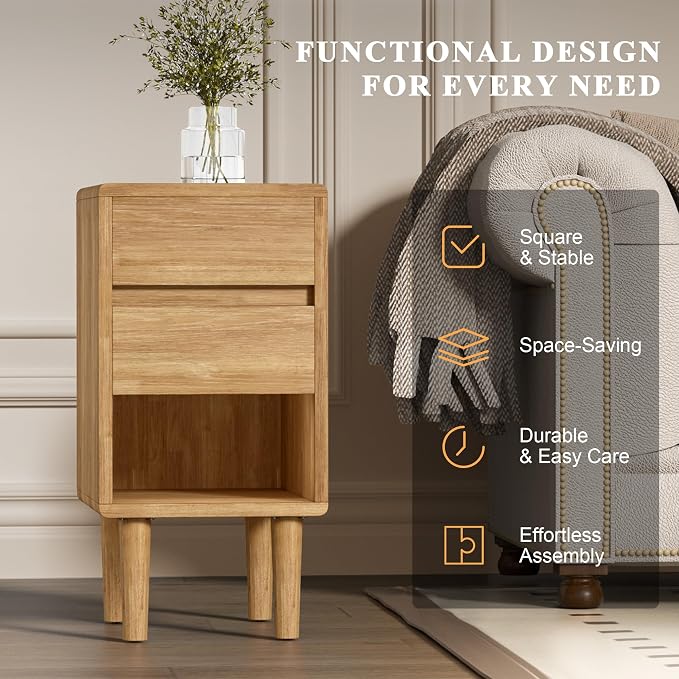Nightstand 2 Drawers with Open Shelf Narrow Night Stand Solid Wood Bedside - Image 5