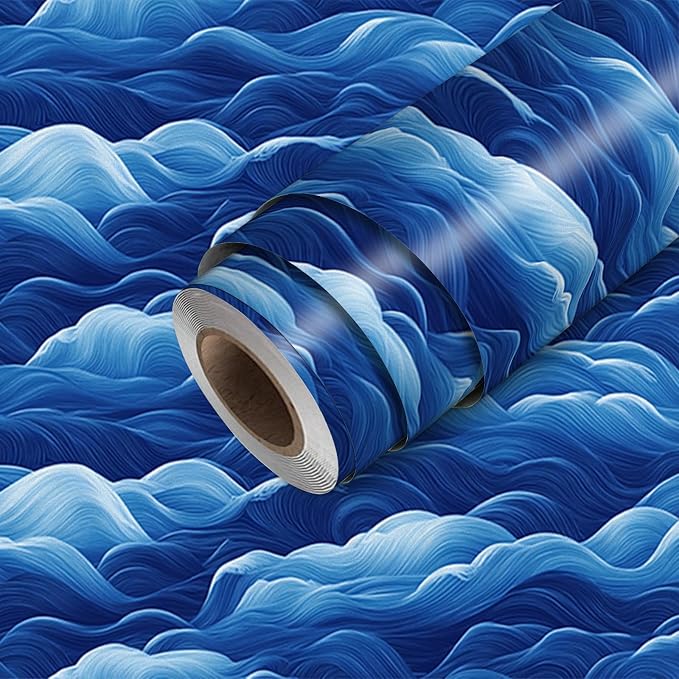 HOMETITUTE Wave Pattern Wallpaper Peel and Stick Ocean Blue Contact Paper Wall by HOMETITUTE
