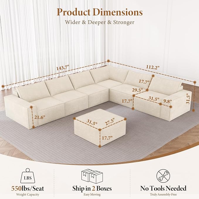 Vesgantti 143.7" Oversized Boneless Couch, Modern 7 Seater Modular Sectional - Image 2