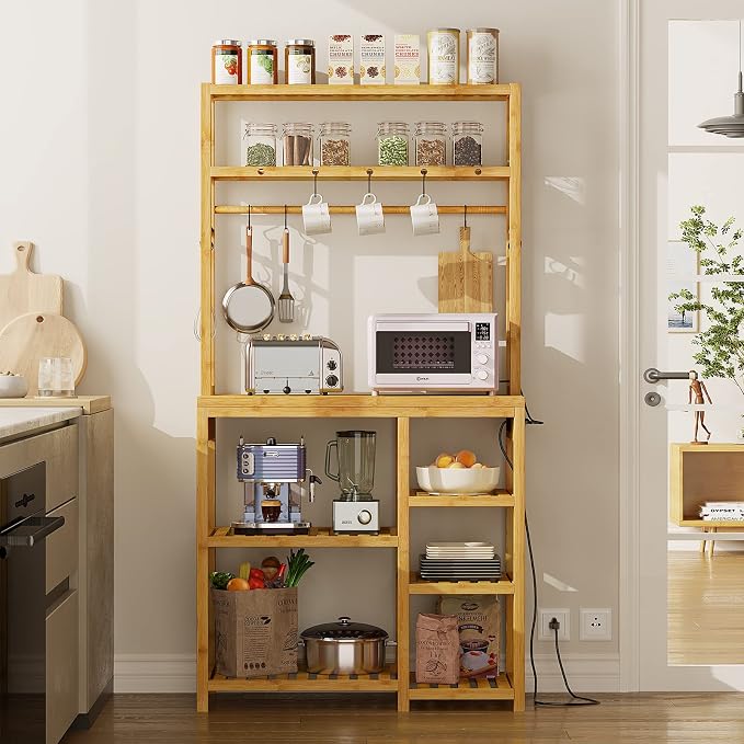 Bakers Rack with Power Outlets, 8-Tier Microwave Stand, Kitchen Utility Storage by FORABAMB