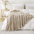Khaki Throw Blanket for Couch Sofa 108x90 inches Striped Design | Fleece - Image 2