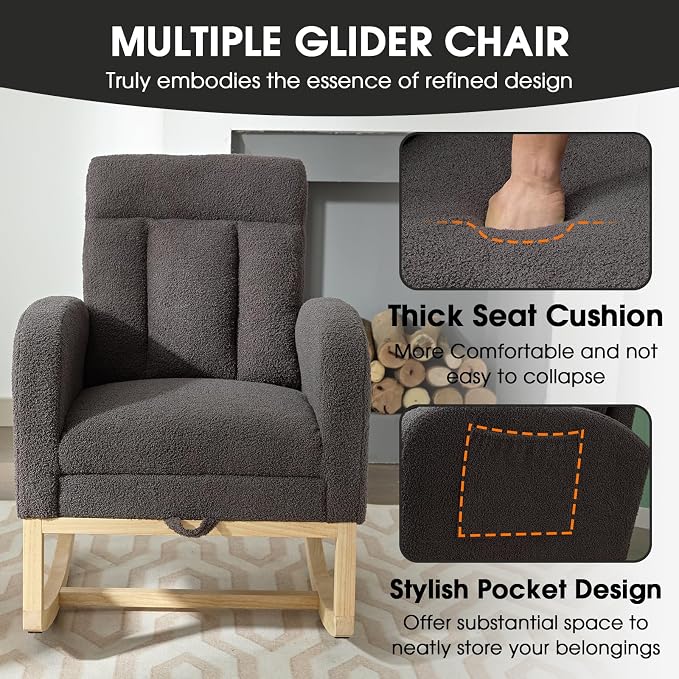 NIOIIKIT Modern Nursery Rocking Chair, Teddy Upholstered Rocking Chair - Image 7