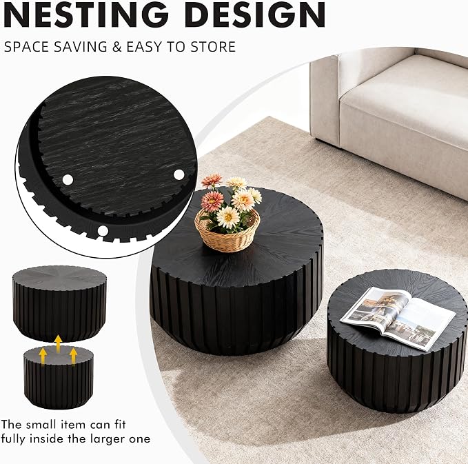 Black Round Nesting Tables for Living Room, Nesting Coffee Table Wooden Fluted - Image 6