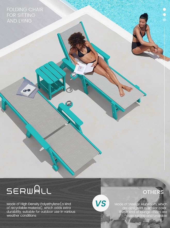 SERWALL Textilene Patio Chaise Lounge Chair, 5 Positions Adjustable Outdoor - Image 6