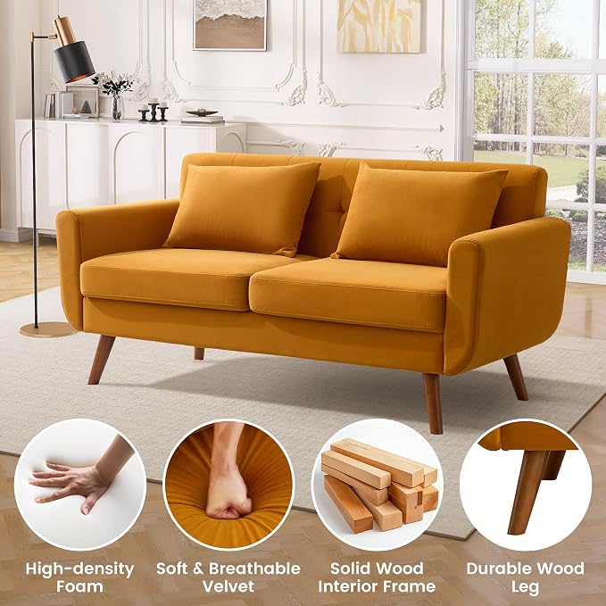 Tbfit 65" W Loveseat Sofa, Velvet Mid Century Modern Love Seat Couches - Image 7