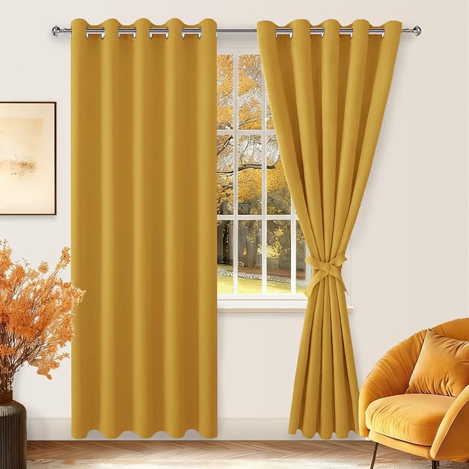 Blackout Curtains for Bedroom, 60 x 84 Inches Long, Mustard Yellow | Thermal by Hiasan