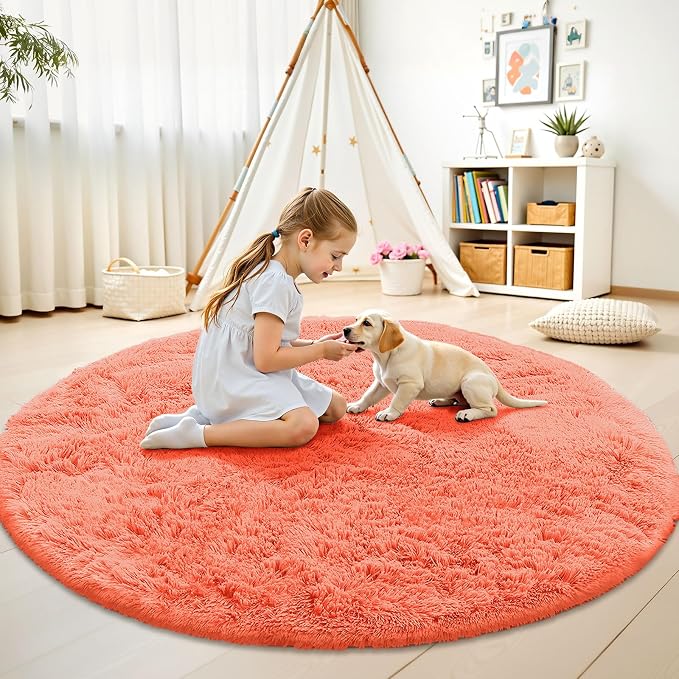 OLANLY Coral Red Round Rugs for Bedroom - Image 2