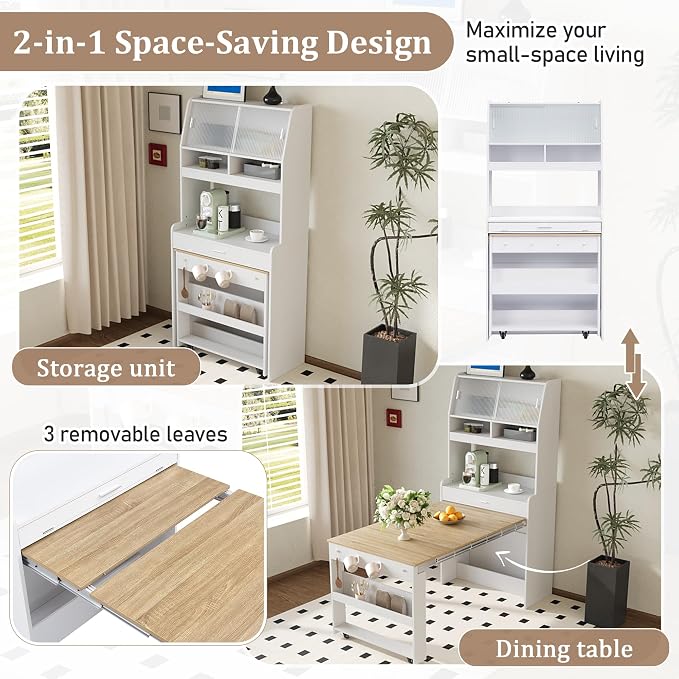 Compact Buffet with Hutch and Foldable Dining Table, 2-in-1 Buffet - Image 6