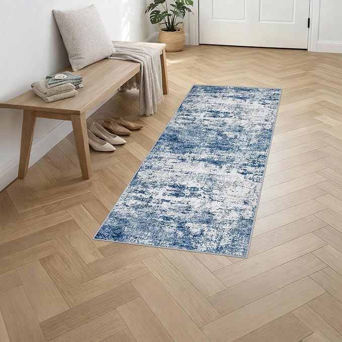 2x5 Washable Runner Rug：Modern Abstract Kitchen Soft Carpet Blue | - Image 3