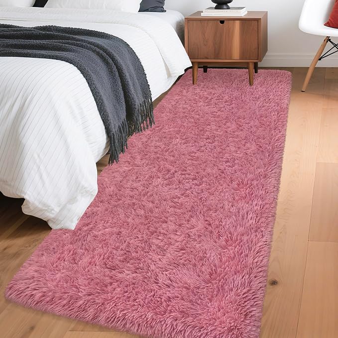 2x6 Bedside Area Rugs for Bedroom Soft Fluffy Shag Blush Pink Rug for Hallway by JiaoBaba
