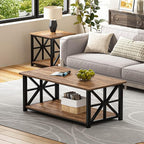 GreenForest Coffee Table with Round Corner, Farmhouse Center Table with 2-Tier - Image 2