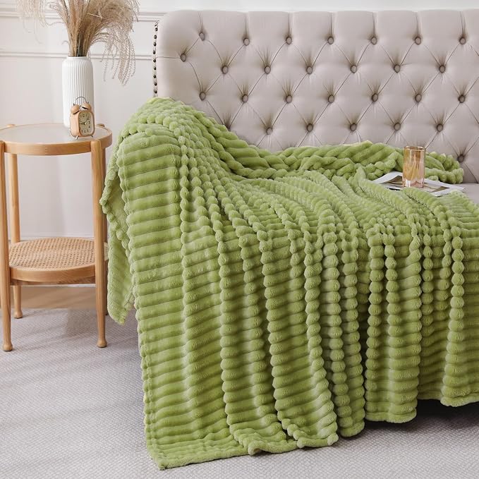Moss Green Throw Blanket for Couch Sofa 50x60 inches Striped Design | Fleece - Image 2