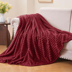 BEDELITE 3D Ribbed Burgundy Fleece Throw Blanket - Image 2