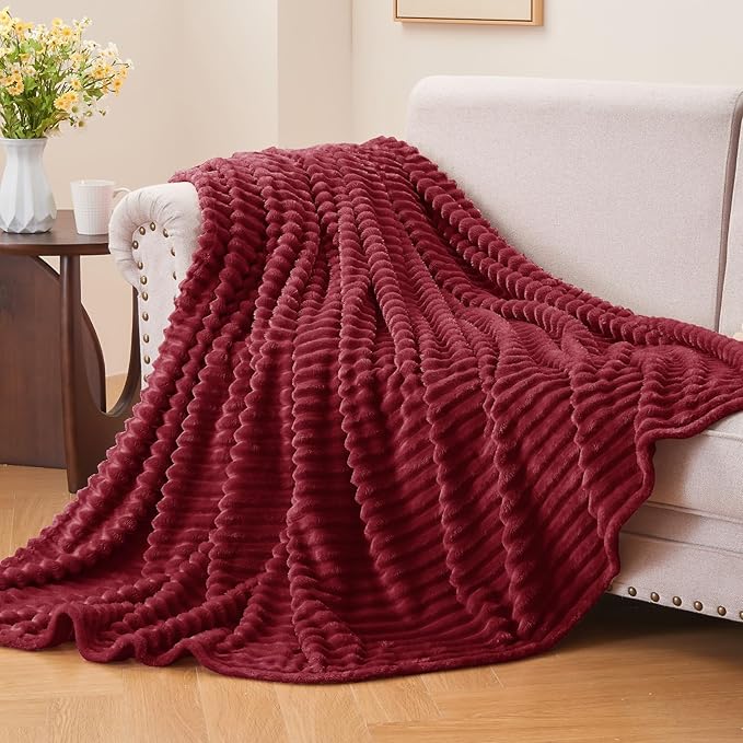 BEDELITE Ribbed Jacquard Burgundy Fleece Twin Blanket - Image 2