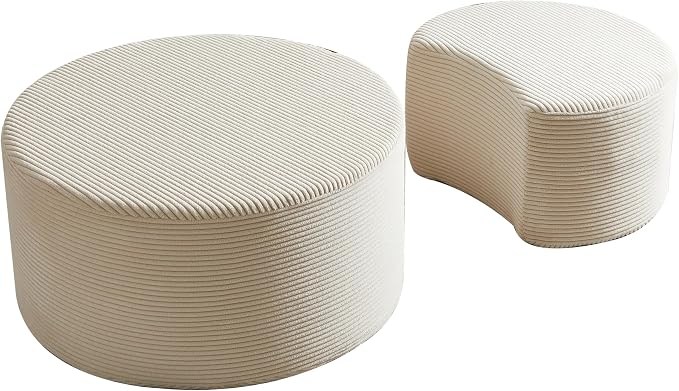 Modern Nesting Coffee Table Set of 2 in Beige, Upholstered Round Living Room - Image 3